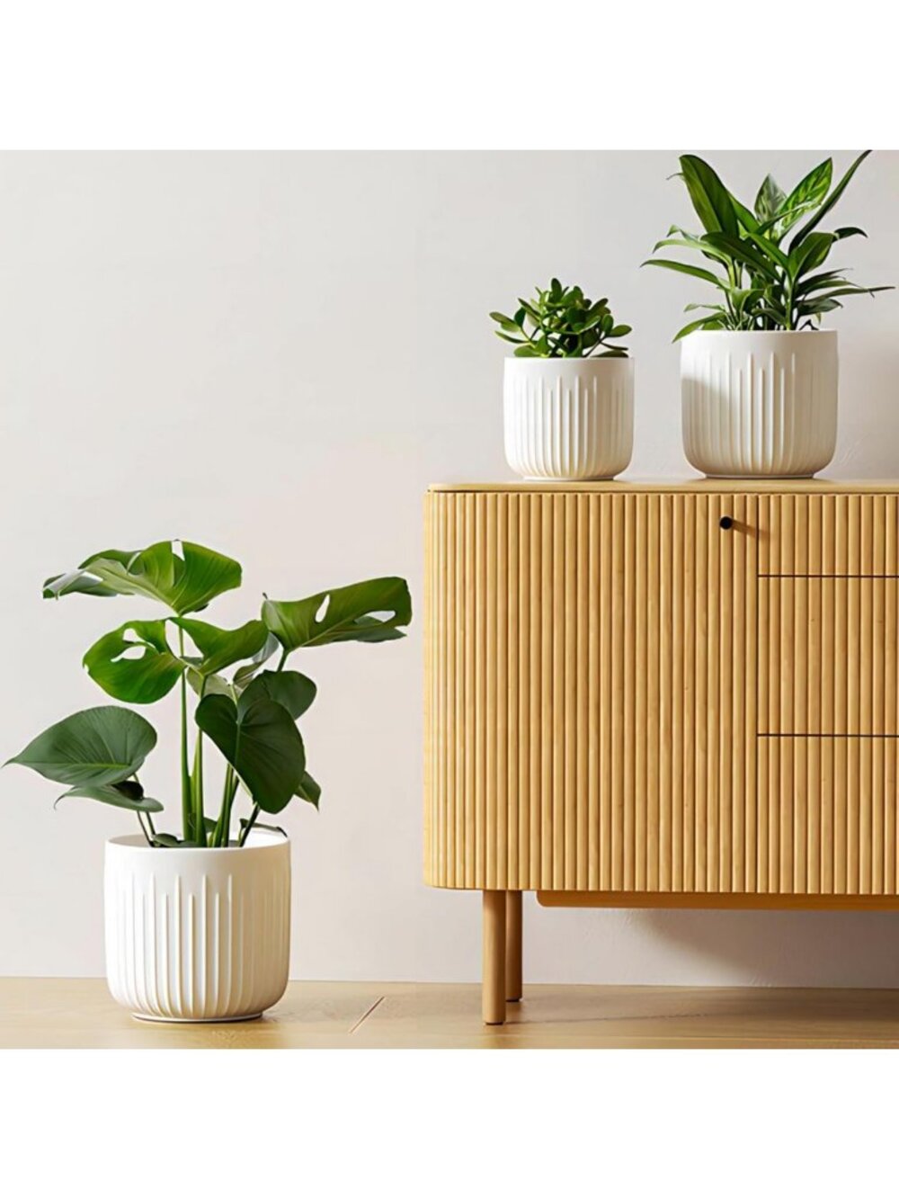 Modern Ceramic Planters Set of 3 - Indoor Pots with Drainage Holes, Matte White
